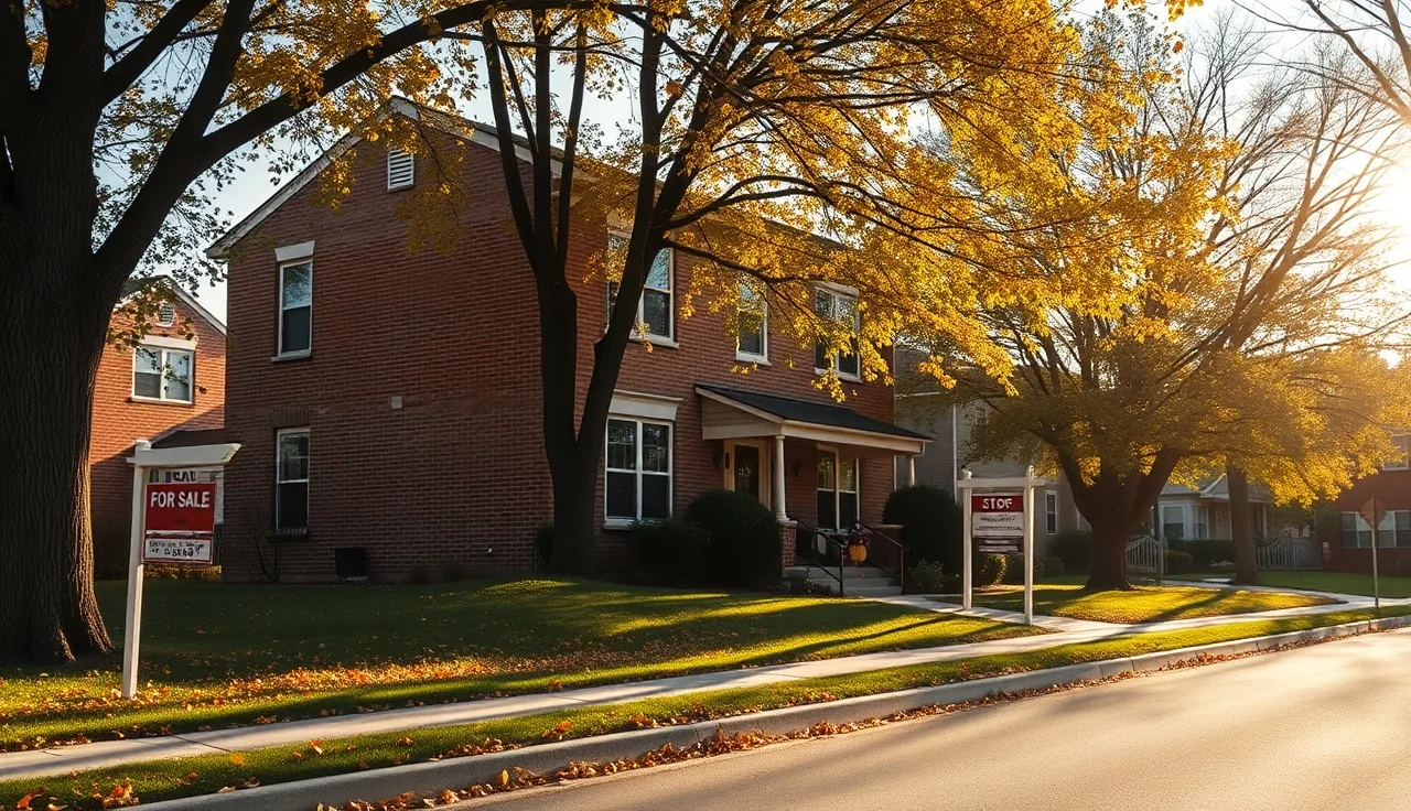 Suburban brick home in DuPage County Illinois on a quiet street in autumn