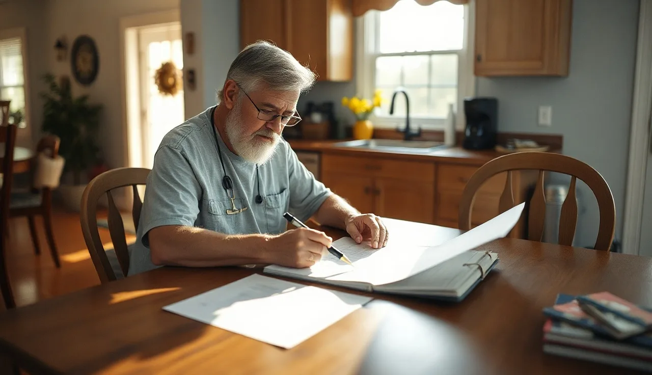 Homeowner reviewing property assessment documents at kitchen table in Louisiana home