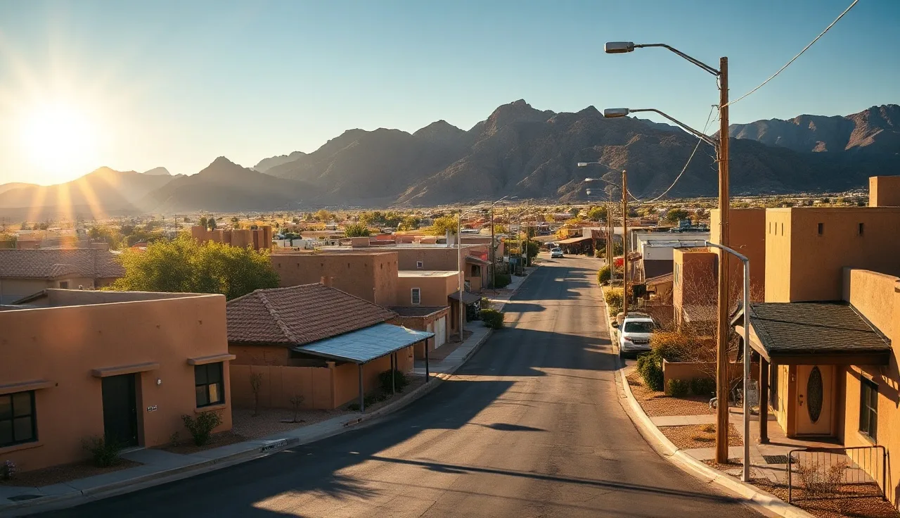 Residential street in El Paso with adobe homes and Franklin Mountains behind
