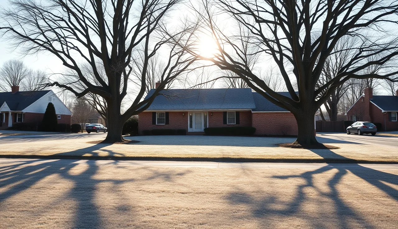 Brick suburban house on a frost-covered Northern Virginia residential street in winter morning light