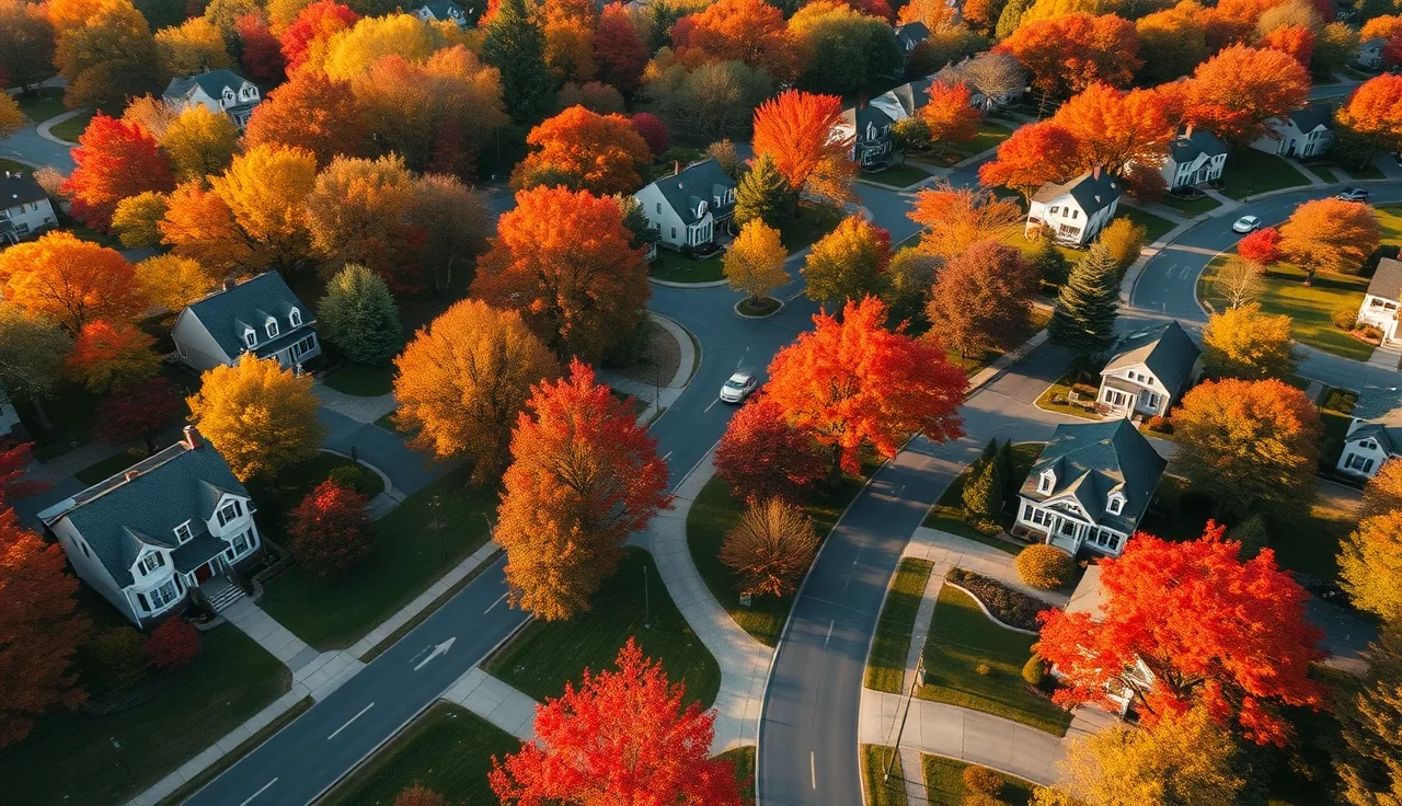 Aerial view of Farmington CT neighborhood with autumn maple trees and colonial homes