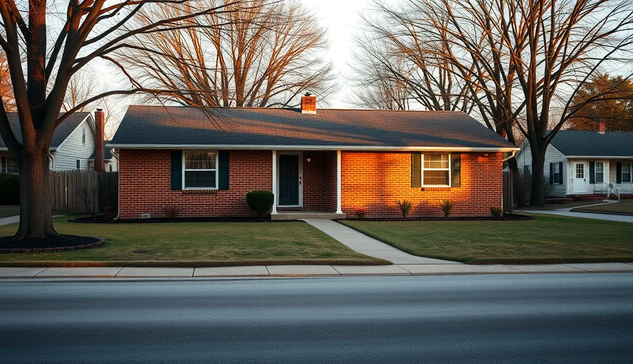 Brick ranch house on a residential street in Faulkner County Arkansas morning light
