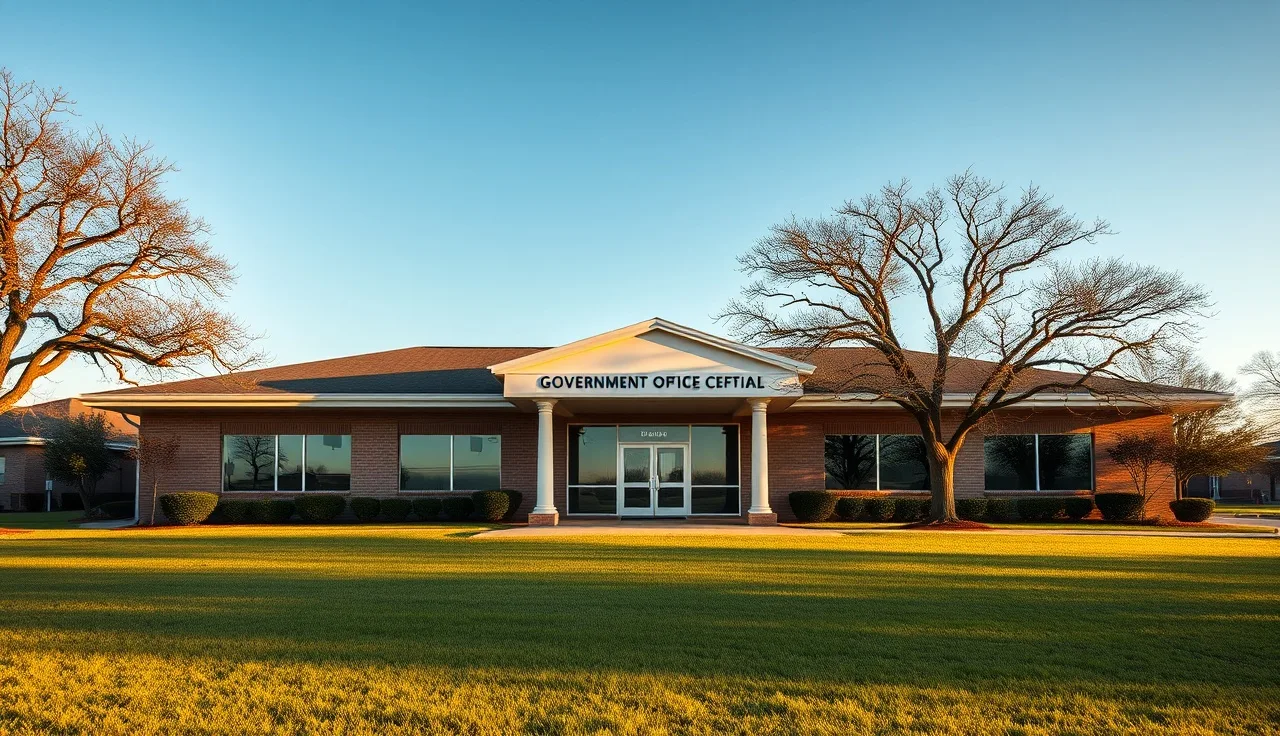 Suburban Texas government office building exterior on a clear morning, property tax office setting