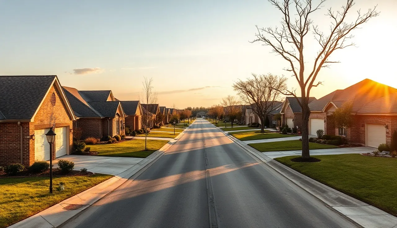 Suburban Fort Bend County residential street with brick homes at golden hour