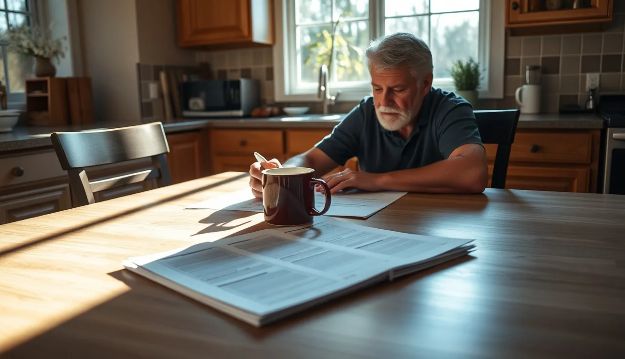 Homeowner reviewing property tax assessment documents at a kitchen table in morning light