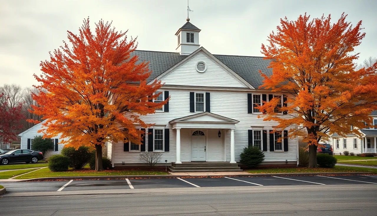 New England town hall building in autumn morning light, Glastonbury Connecticut