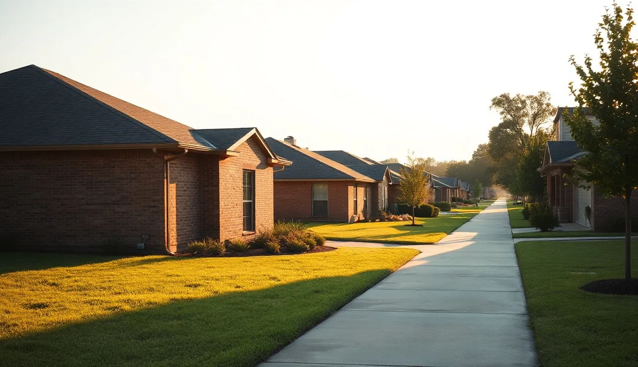 Suburban Houston brick home on a quiet residential street in golden afternoon light