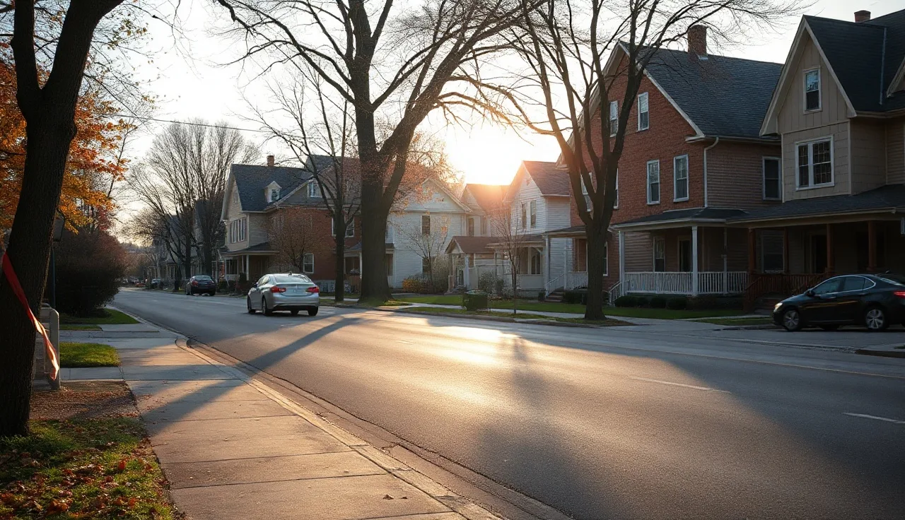Hartford residential street with triple-decker homes under autumn morning light