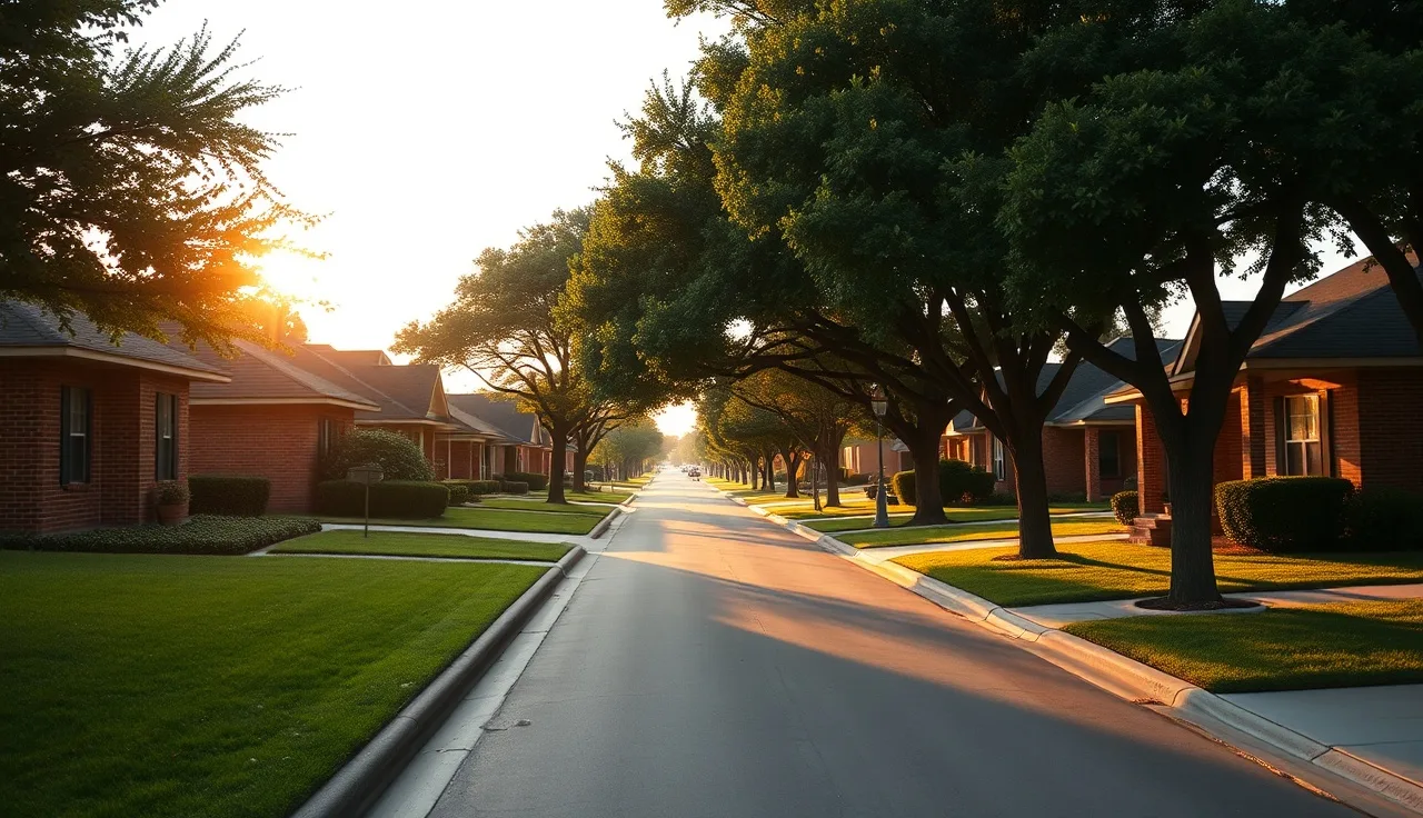 Houston residential neighborhood street with brick homes at golden hour, property tax context