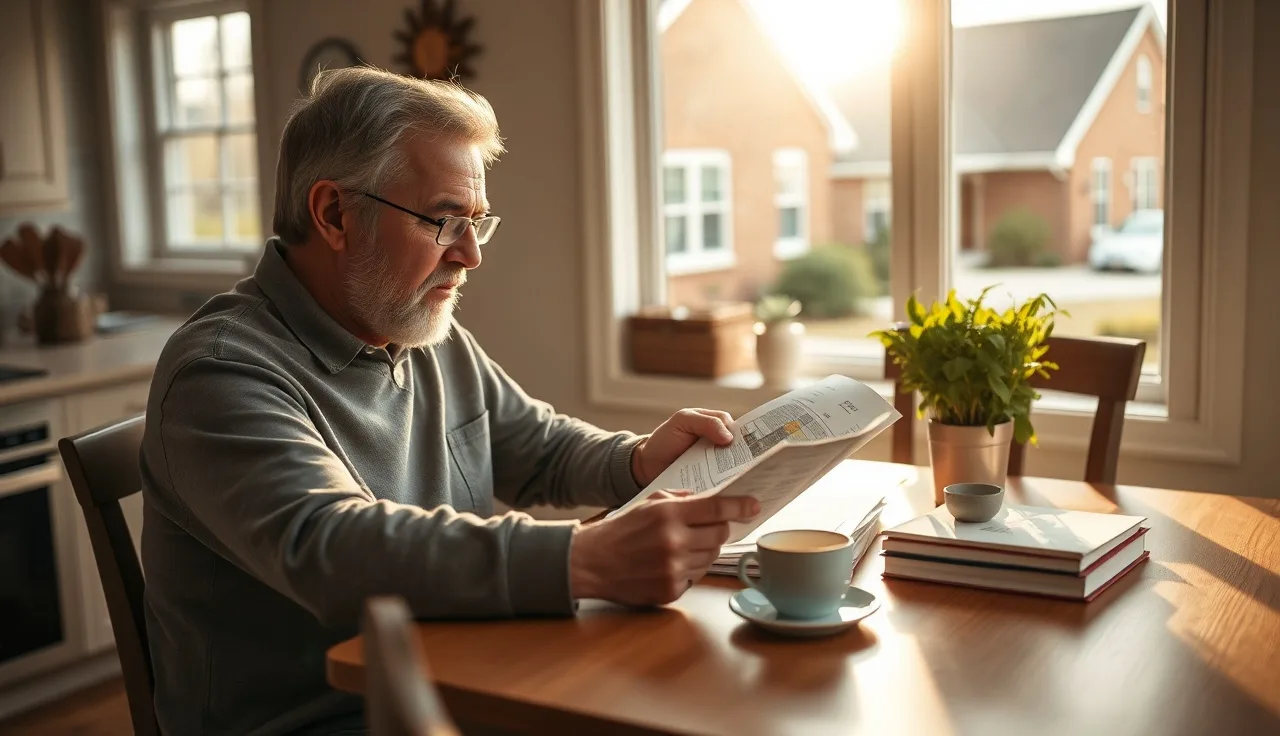 Homeowner reviewing property tax assessment documents at kitchen table with suburban home in background