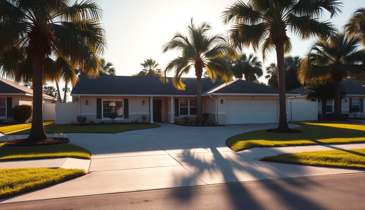 Ranch-style home on a Tampa residential street in morning sunlight with palm trees