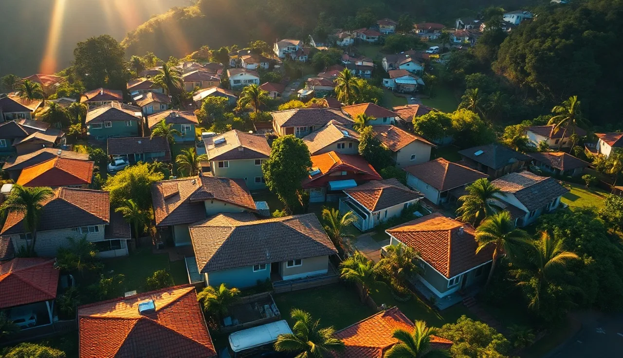 Aerial view of Honolulu residential neighborhood rooftops at golden hour