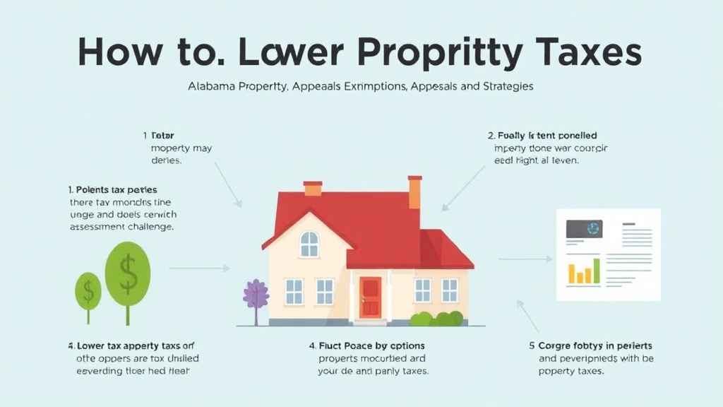 Action-oriented illustration showing how to apply lower Property Taxes in Alabama: Exemptions, Appeals, and Strategies