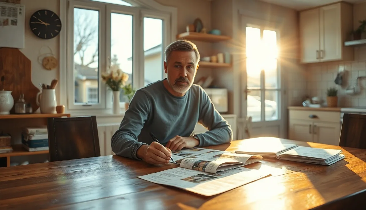 Homeowner reviewing property tax assessment papers at a kitchen table in morning light