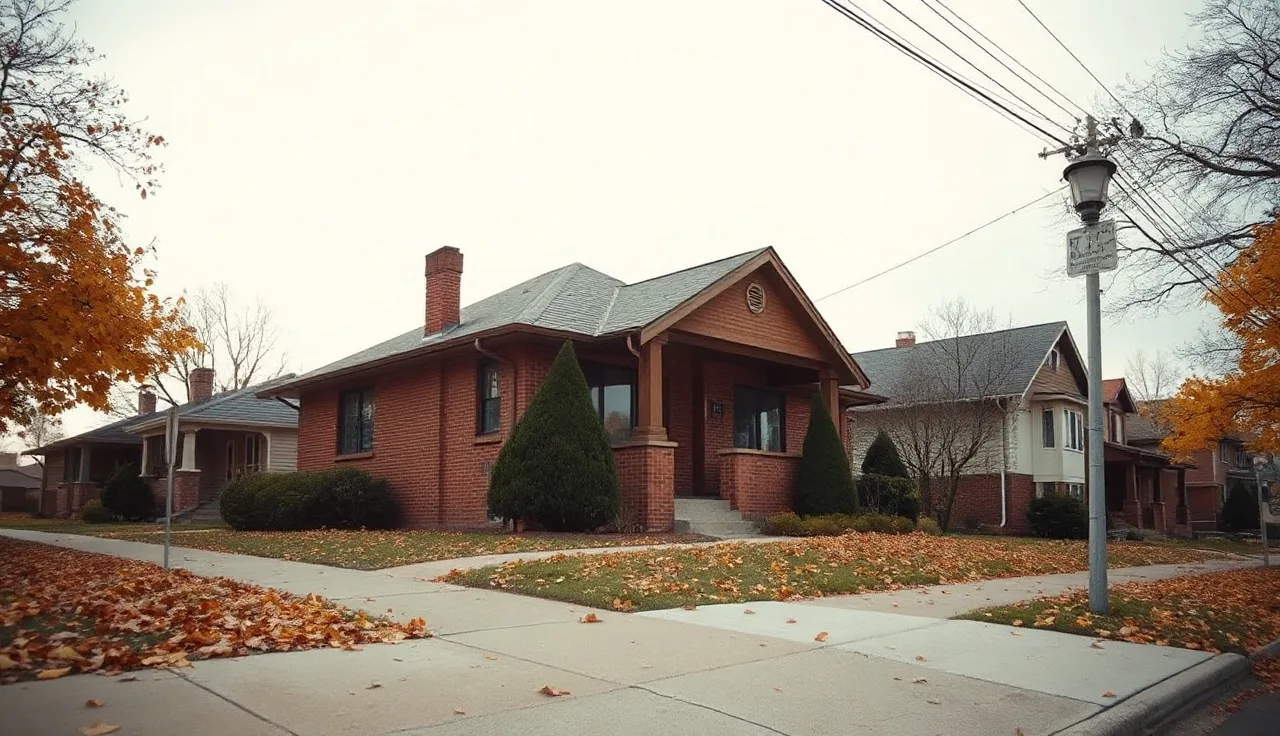 Brick craftsman bungalow on a quiet residential street in autumn morning light