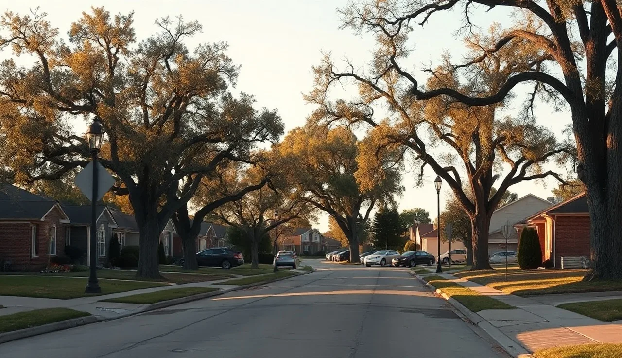Suburban street with brick homes in Overland Park Johnson County Kansas