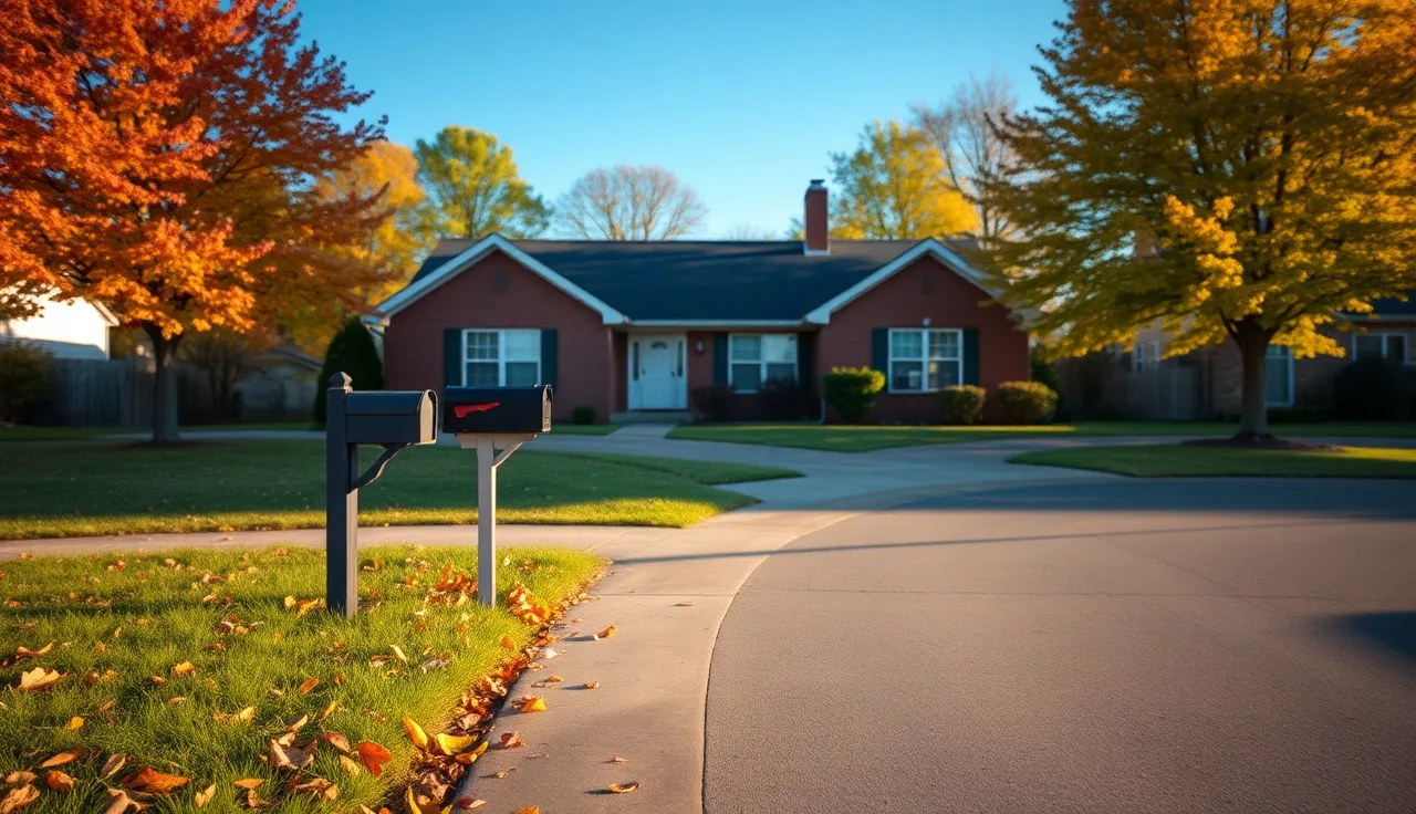 Kentucky brick ranch home on a residential street in autumn afternoon light