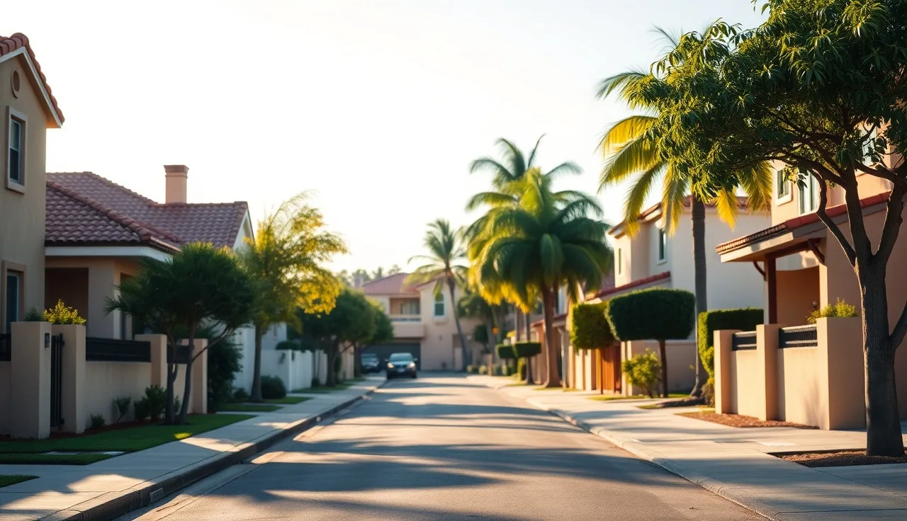 Residential street in Los Angeles with stucco homes and palm trees at sunrise
