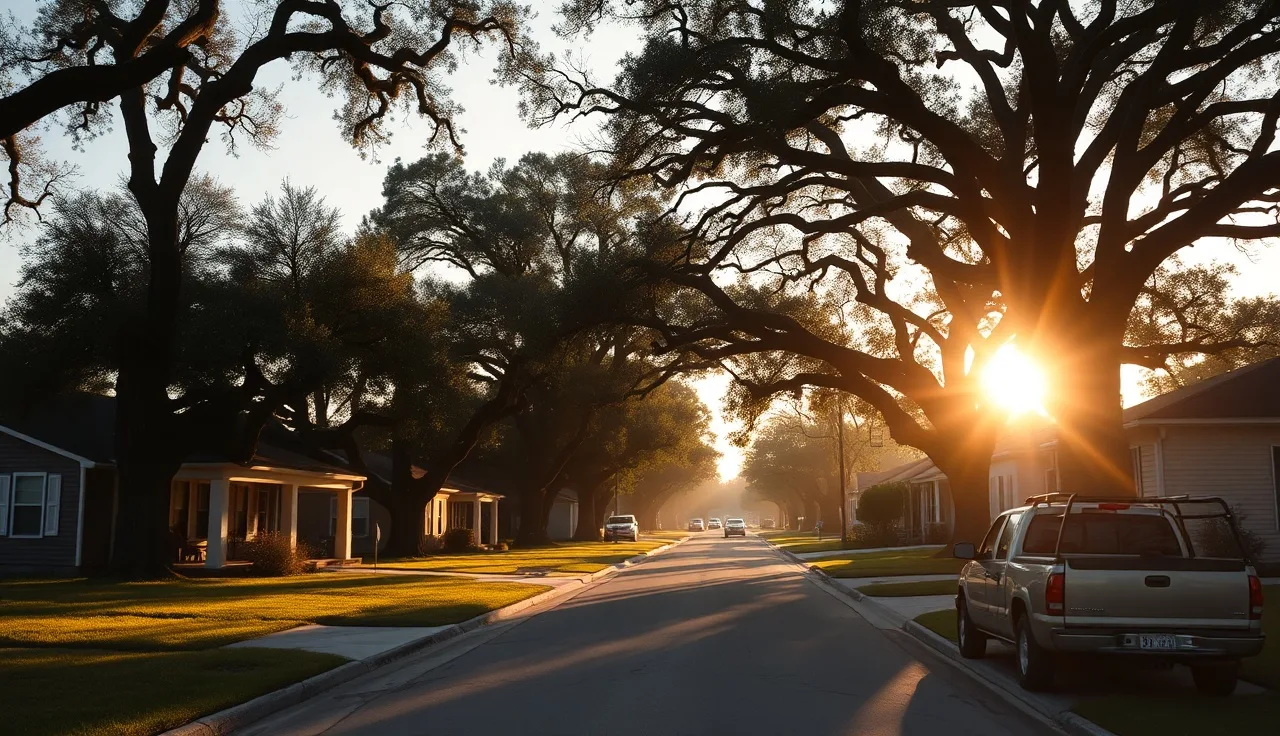 Sunlit residential street in Lafayette Louisiana with oak trees and single-story homes