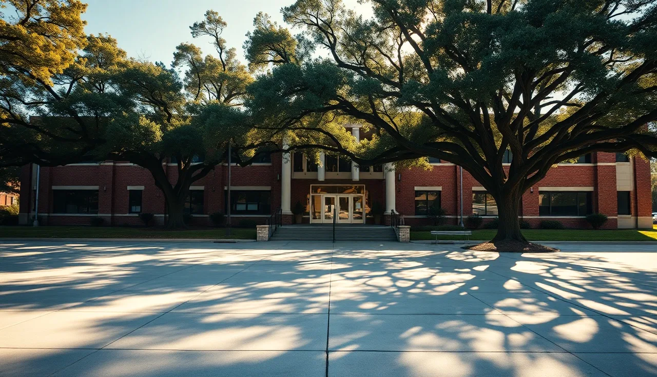 Red-brick Lafayette Parish government office building beneath live oak trees in morning light