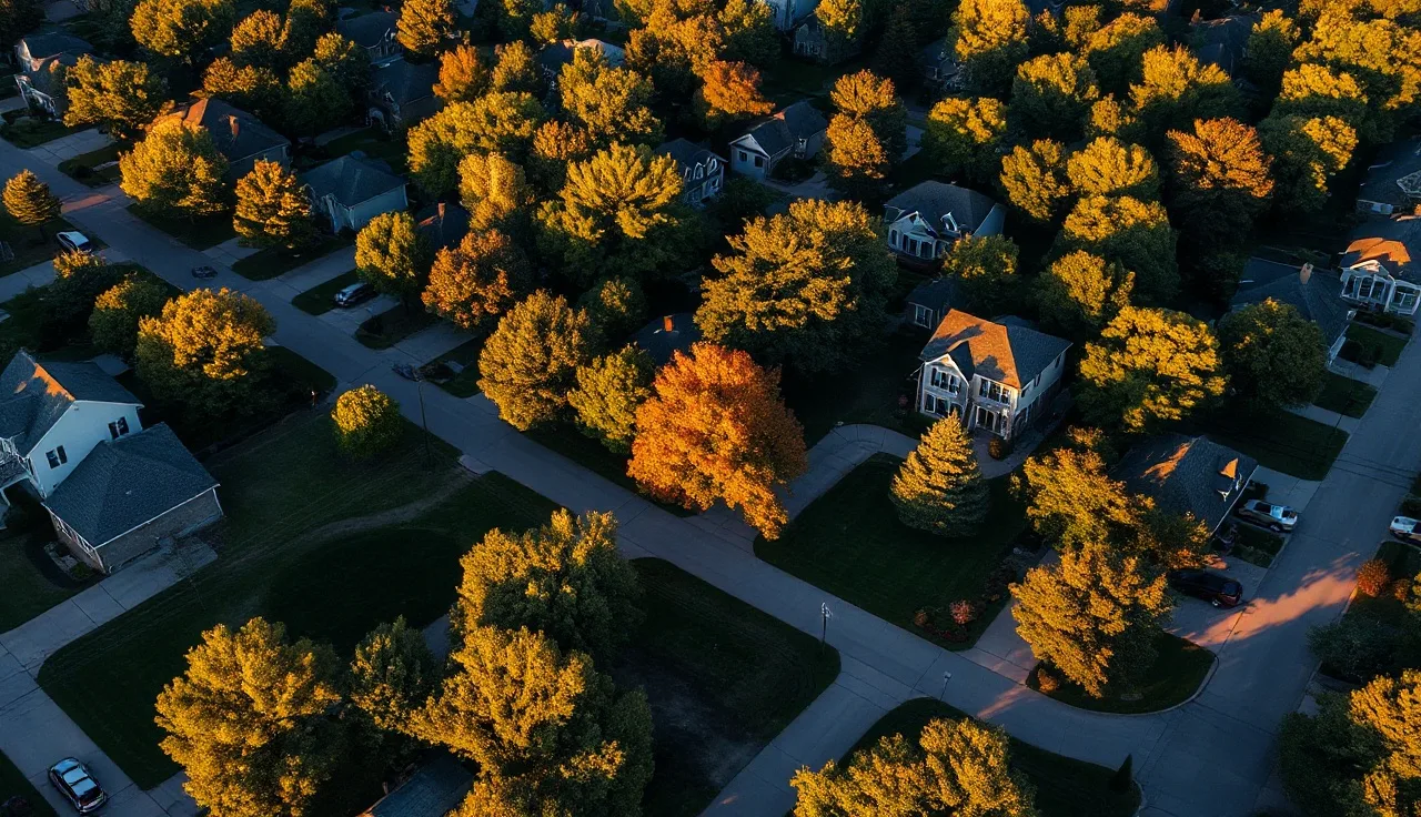 Aerial view of residential neighborhood in Lake County Illinois at golden hour