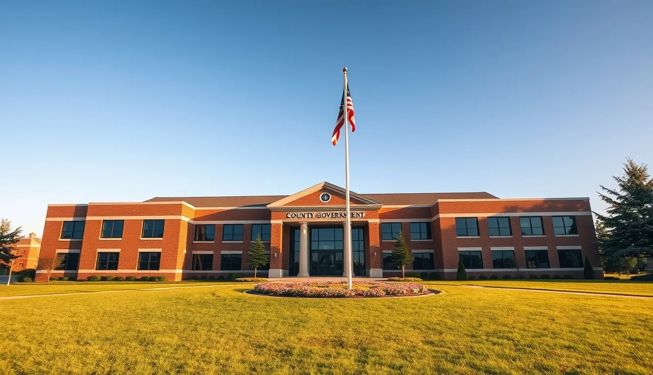 Midwestern county government building exterior with flagpole, Lake County tax assessor