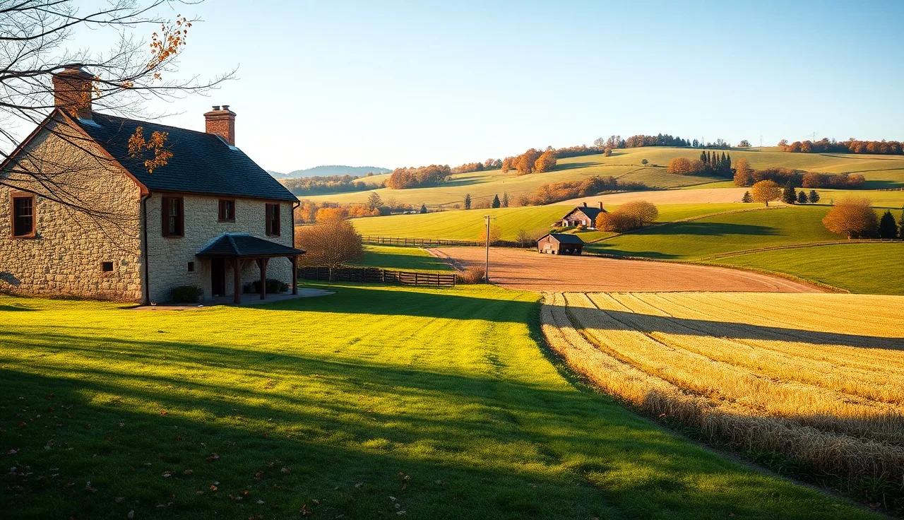 Stone farmhouse and Lancaster County farmland under autumn morning light