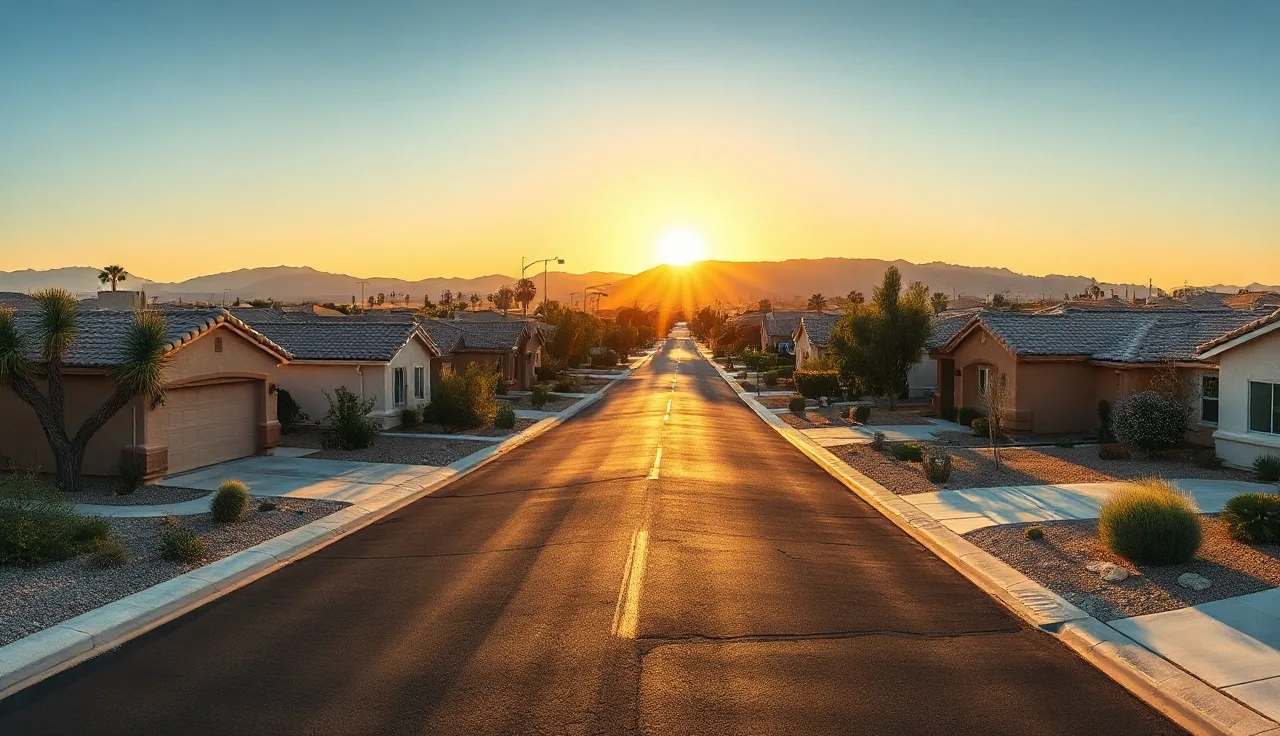 Suburban Las Vegas neighborhood street at golden hour with desert landscaping