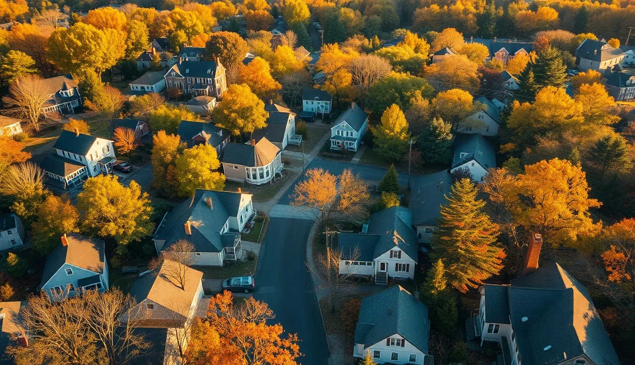 Aerial view of Connecticut neighborhood with colonial homes and autumn foliage