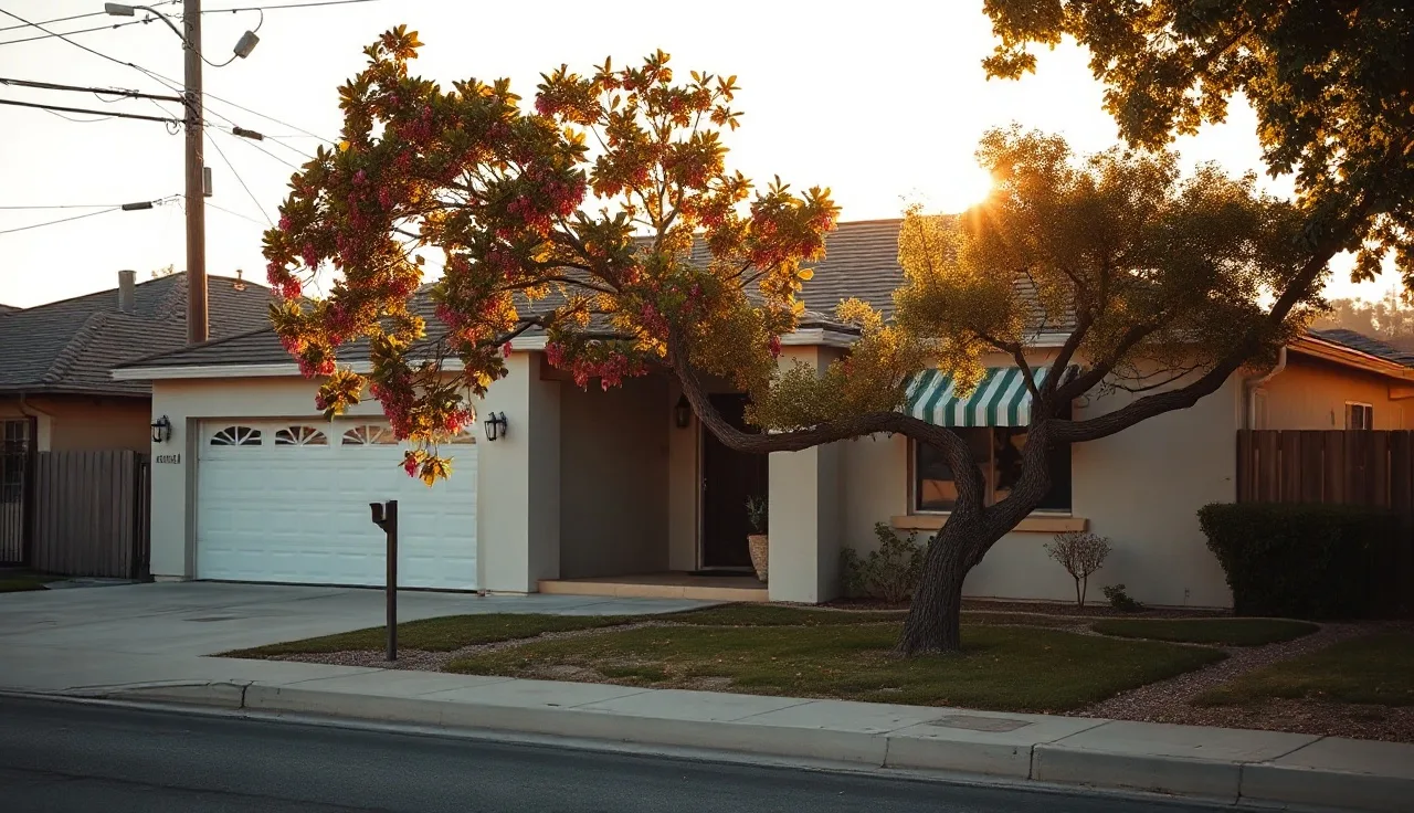 Stucco bungalow on a Los Angeles residential street in golden afternoon light