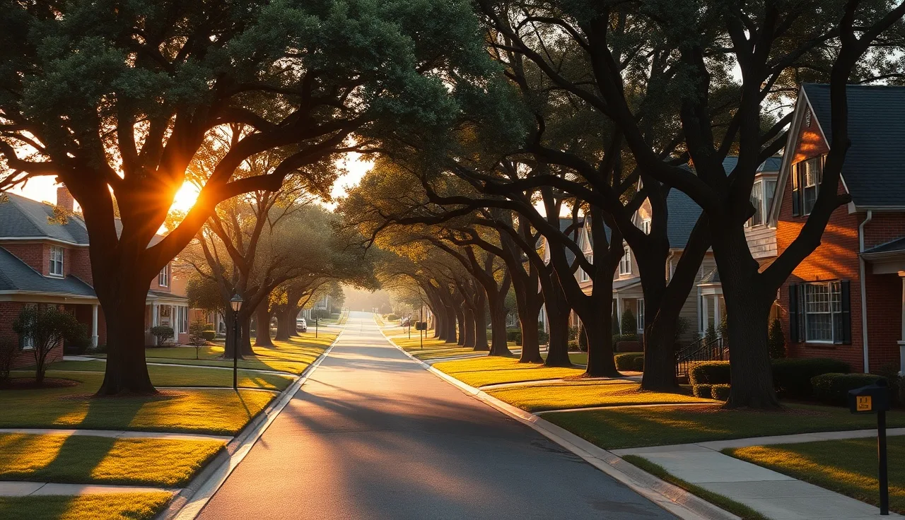 Brick colonial homes on a quiet Loudoun County residential street at golden hour