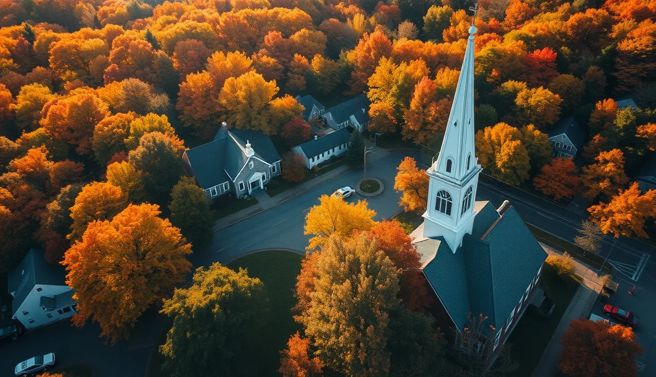 Aerial view of a Connecticut town green surrounded by autumn foliage and a church steeple