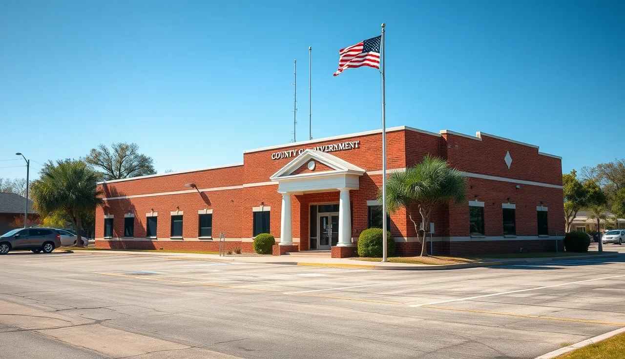 Brick county government building in Valdosta Georgia on a clear morning