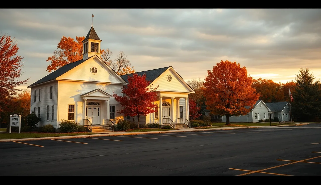 White New England town hall with autumn maple trees in afternoon light, Maine
