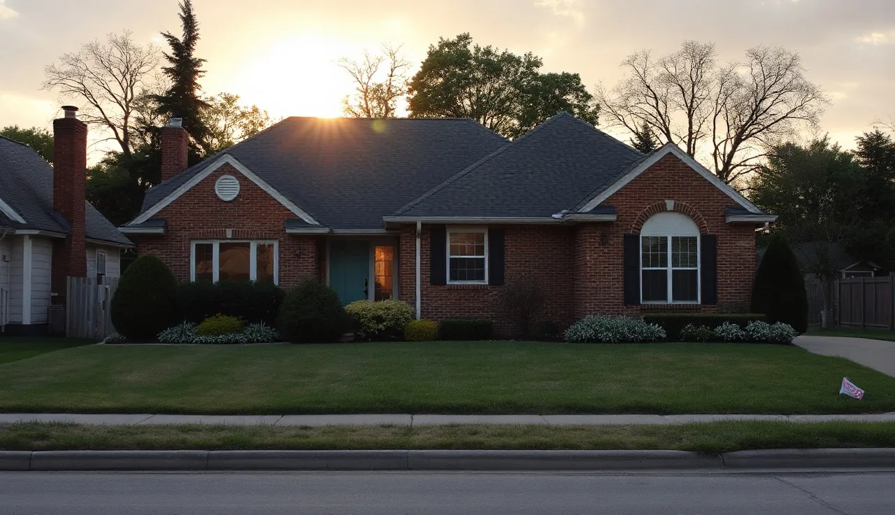 Brick suburban home on an Indianapolis street at golden hour, Marion County