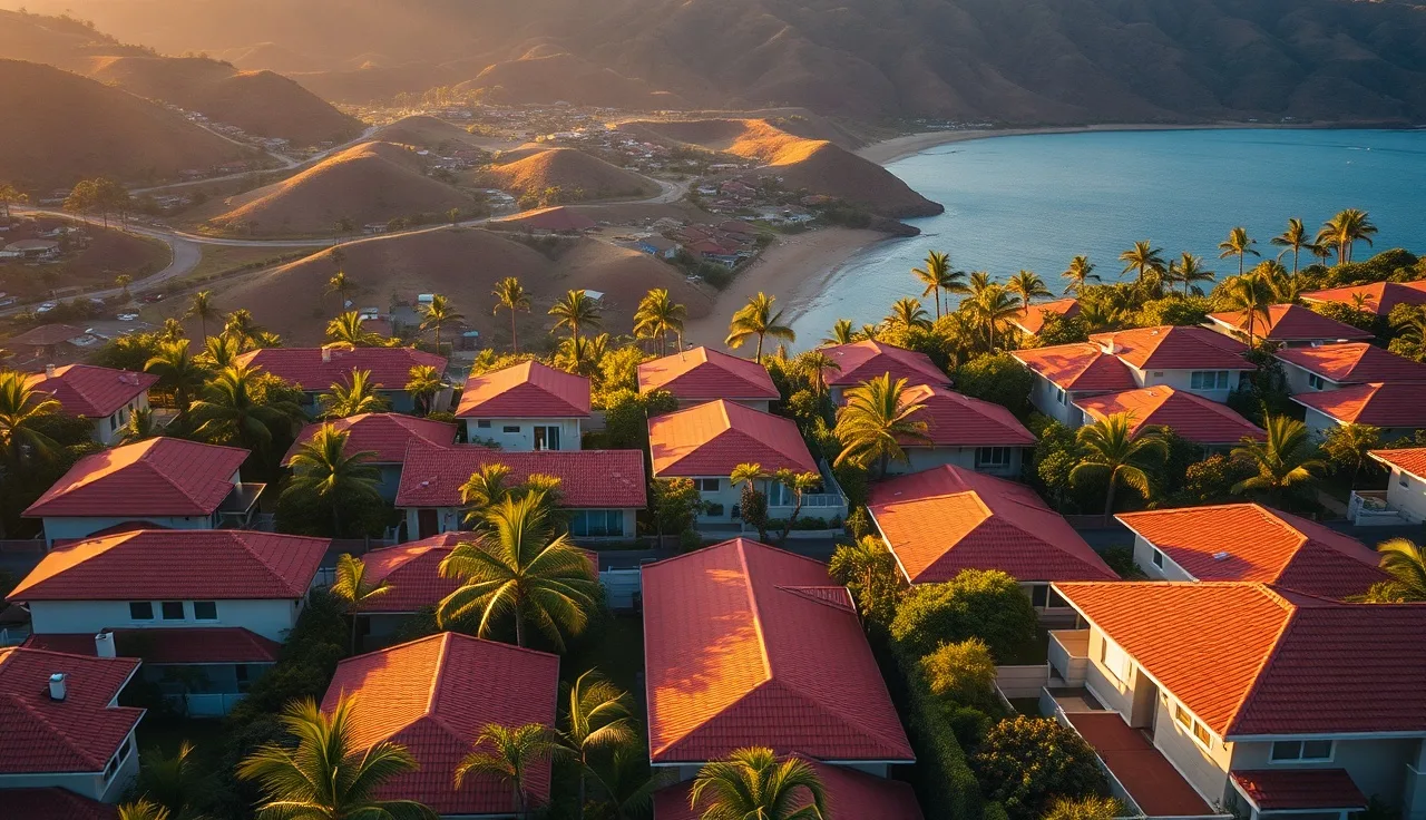 Aerial view of Maui residential neighborhood at golden hour with ocean in background