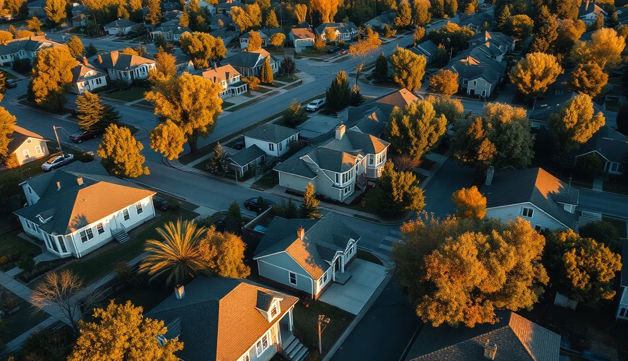 Aerial view of a residential neighborhood with varied homes and autumn trees