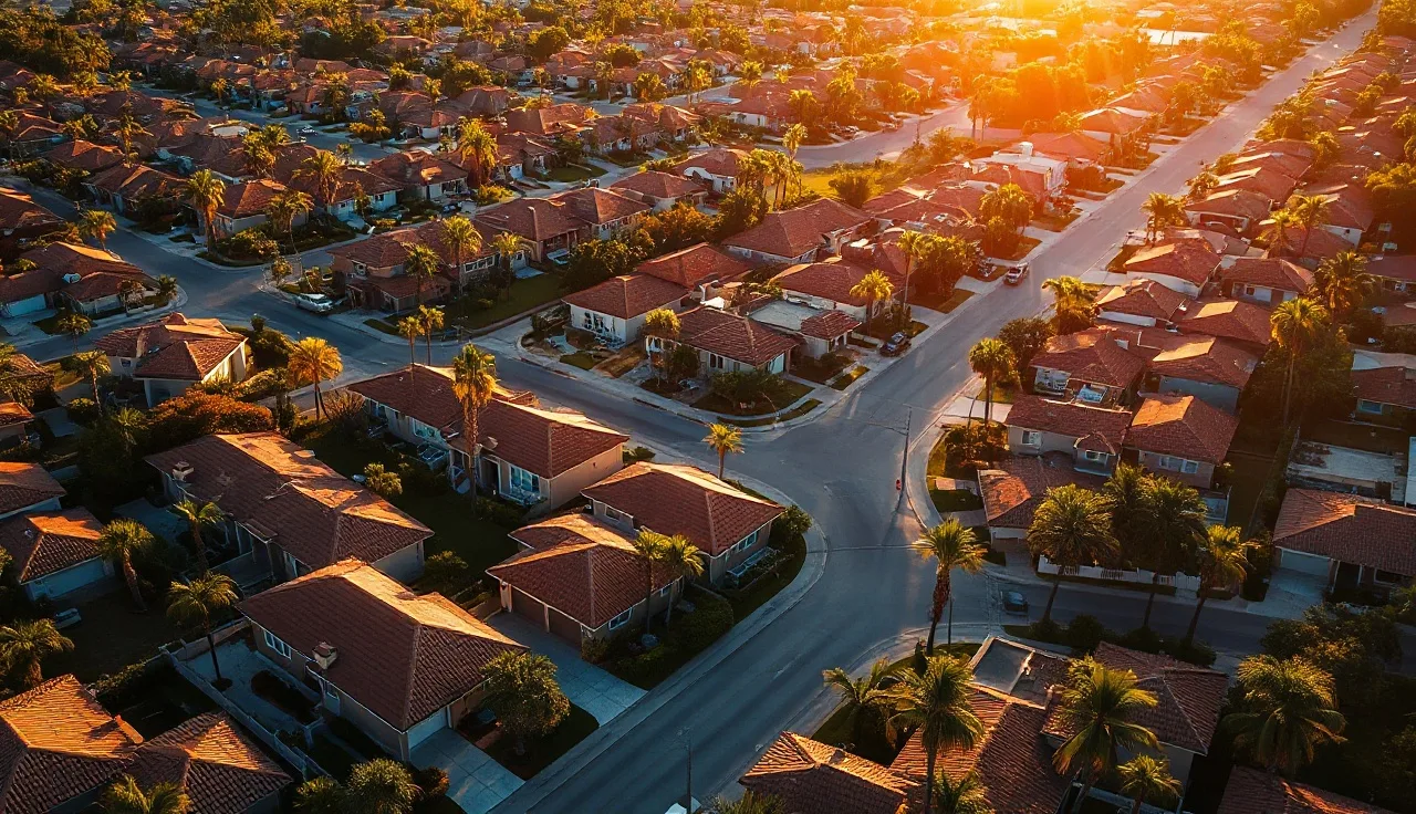 Aerial view of Miami-Dade residential neighborhood with palm trees at golden hour