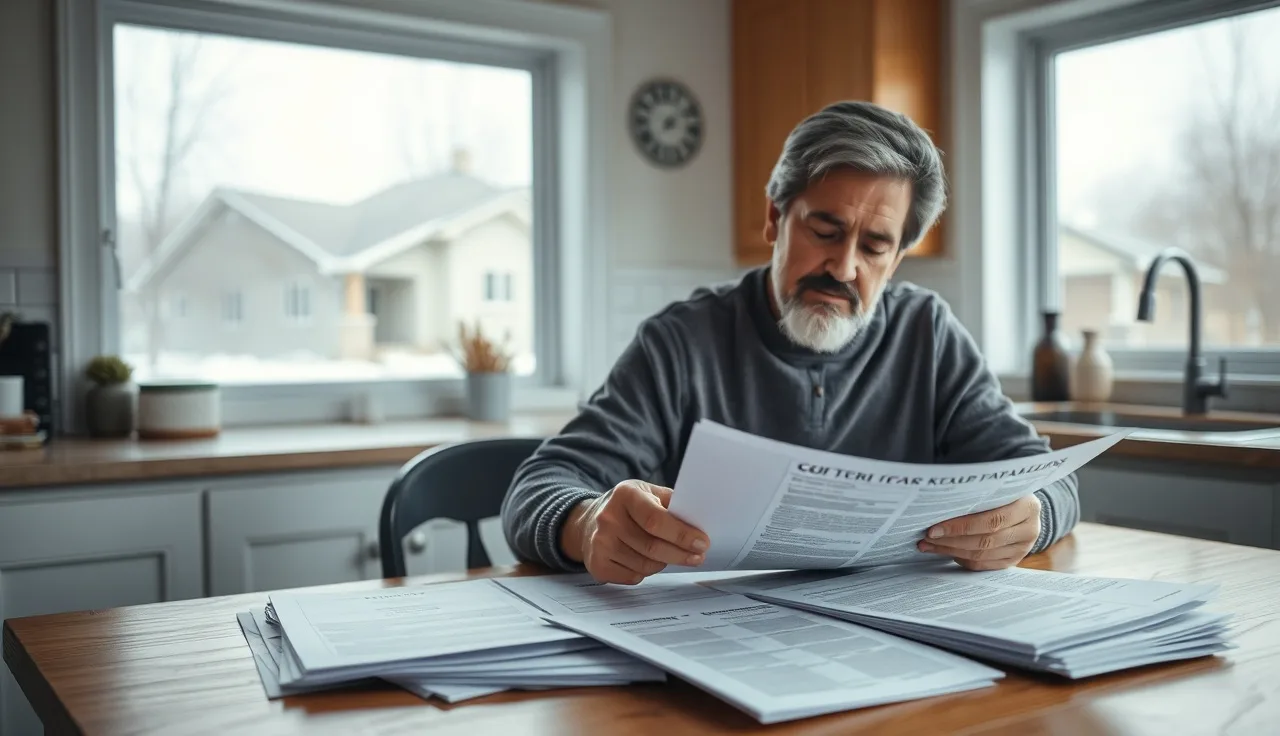 Homeowner reviewing property tax assessment documents at kitchen table in winter