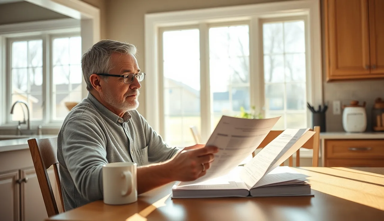 Homeowner reviewing property tax assessment papers at kitchen table in morning light