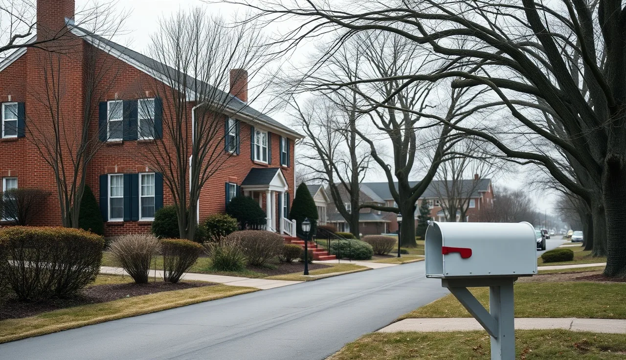 Brick colonial home on a Montgomery County Maryland suburban street in winter