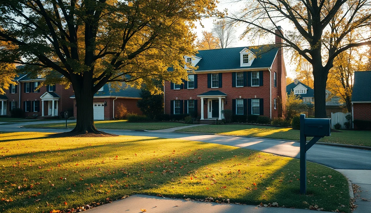 Brick colonial home on a tree-lined Montgomery County Maryland street in autumn