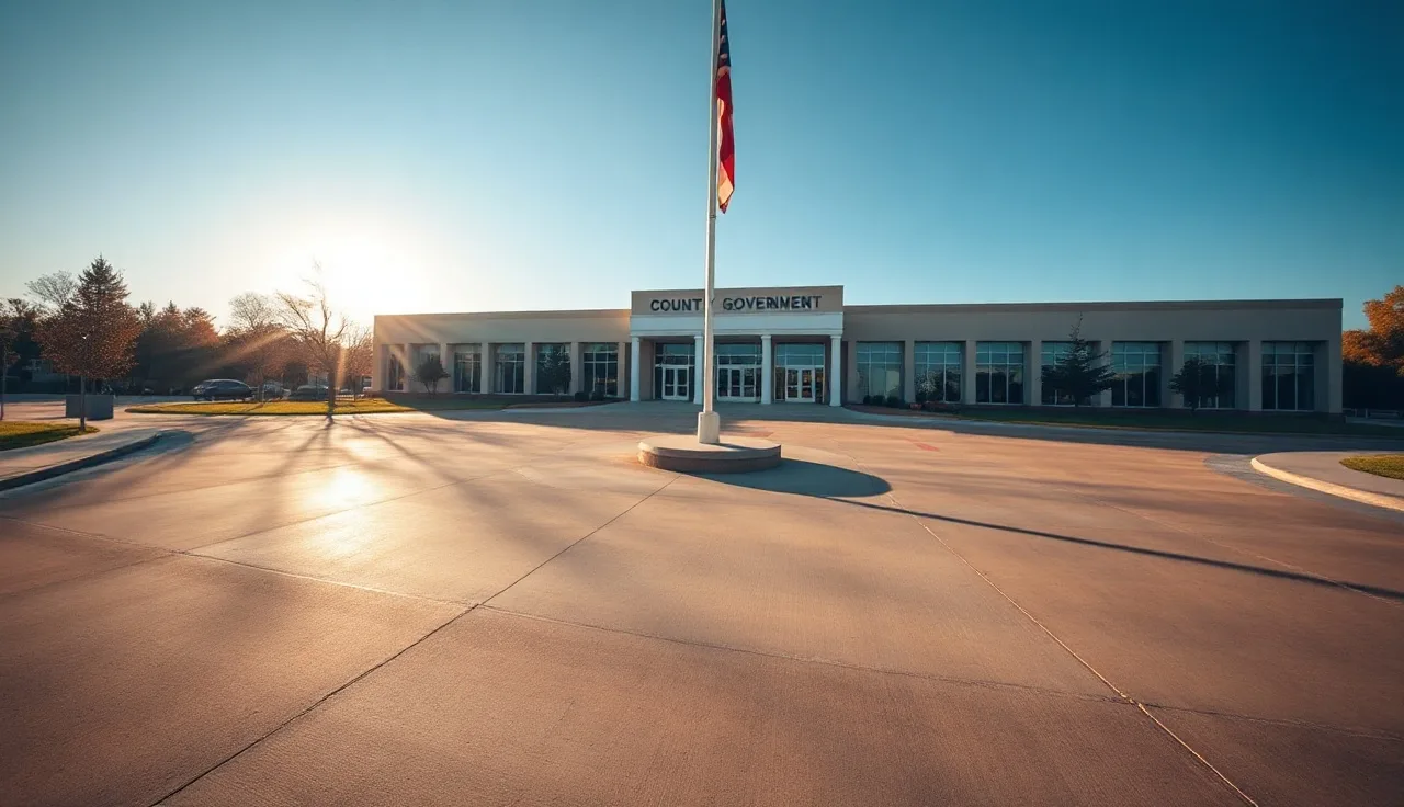 County government building exterior on a sunny autumn morning with flagpole