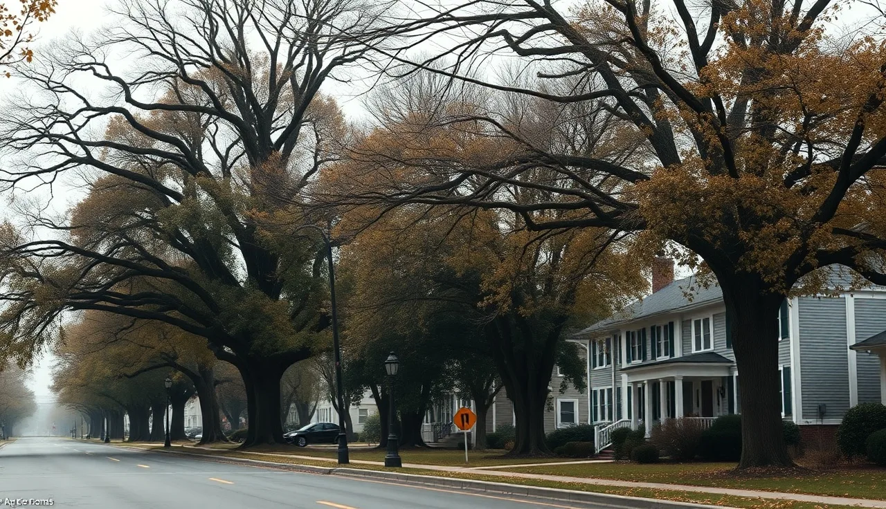 Suburban residential street with large colonial homes on an overcast autumn morning