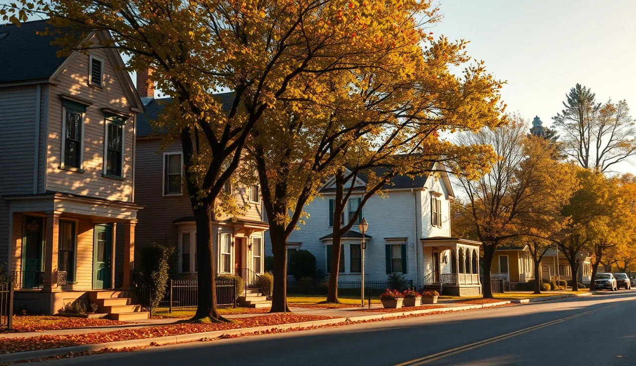 Tree-lined street with clapboard houses in New Haven neighborhood on autumn afternoon