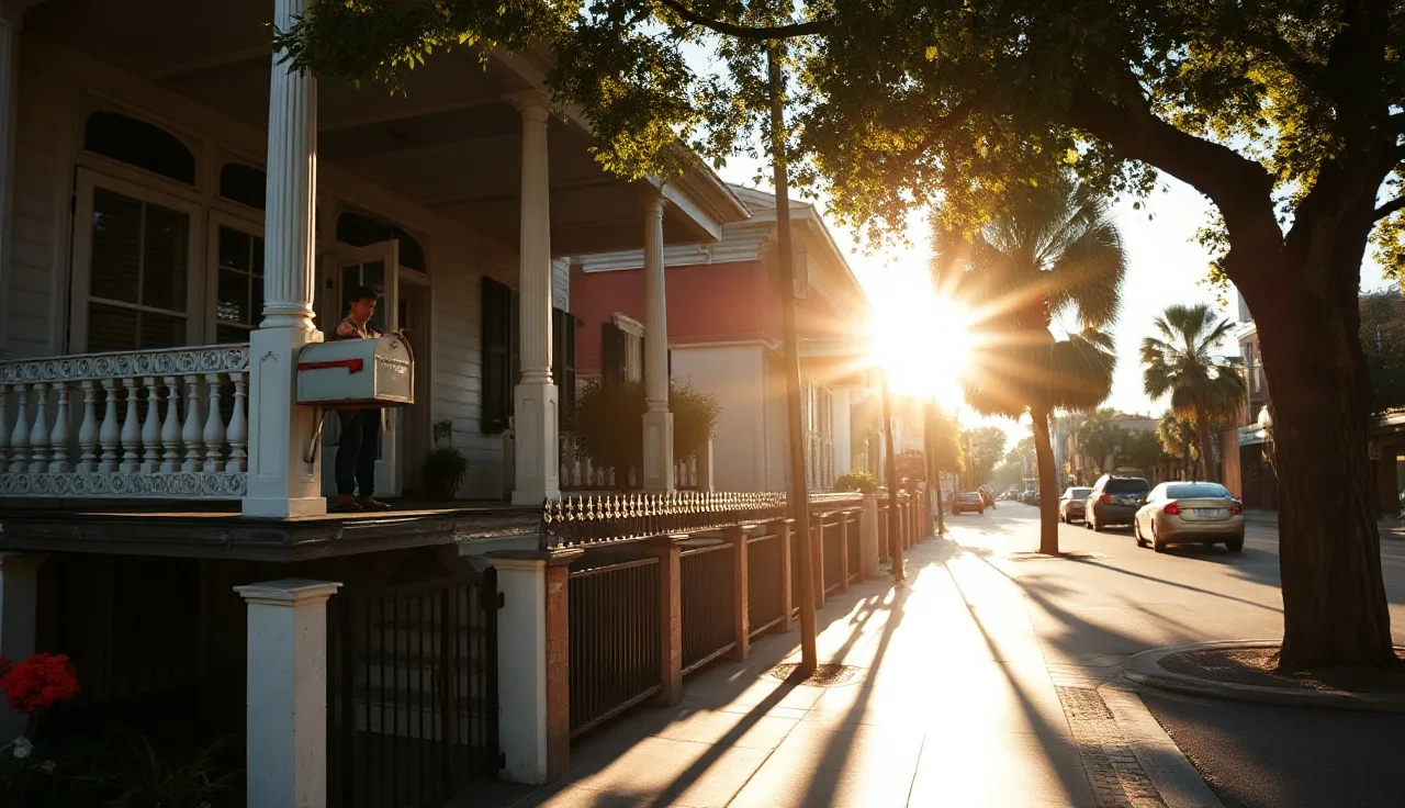 New Orleans homeowner checking mailbox outside historic shotgun house on sunny morning