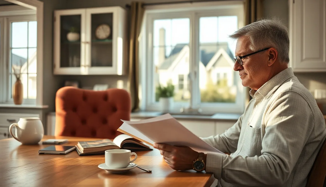 Homeowner reviewing property tax documents at a kitchen table in natural morning light