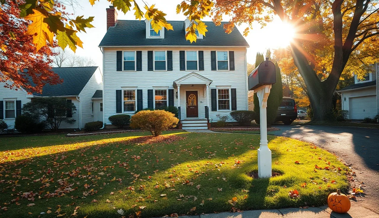 Suburban New Jersey colonial home on an autumn morning with fallen leaves