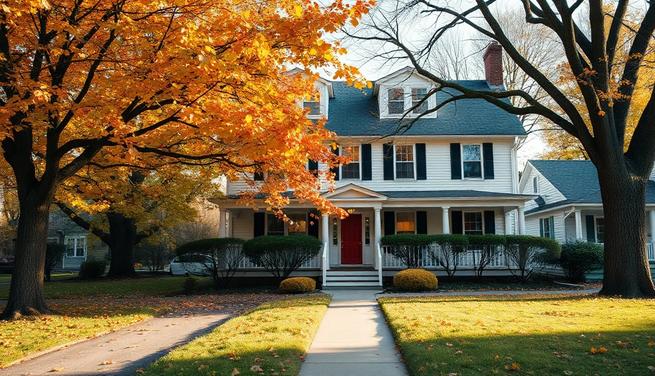 Colonial house on a Norwalk Connecticut residential street in autumn