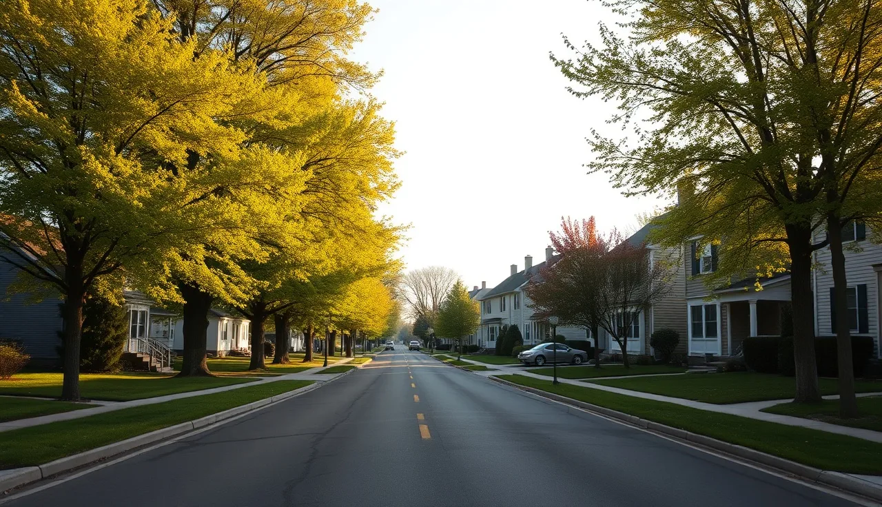Suburban New York street with two-story homes and maple trees in spring